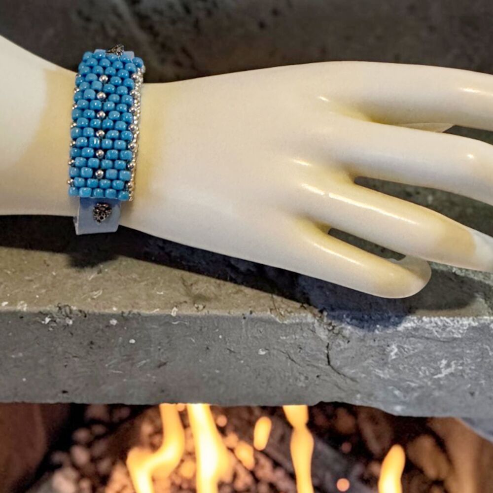 Blue on Blue Leather Hand-beaded Bracelet Southwest Style